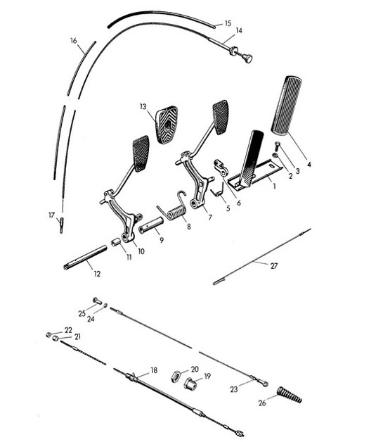 Diagram 702-000 Porsche 356 (1950-1965) Sistema a leva manuale, gruppo pedali 