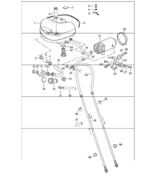 Diagram 201-05 Porsche 911/912 (1965-1989) Brandstofsysteem, uitlaatsysteem