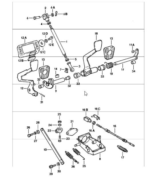 Diagram 702-00 Porsche 911/912 (1965-1989) Hendelsysteem, pedaalcluster 