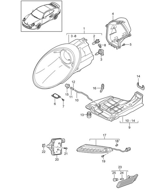 Diagram 905-002 Porsche 997 (911) MK2 2009-2012 Materiale elettrico