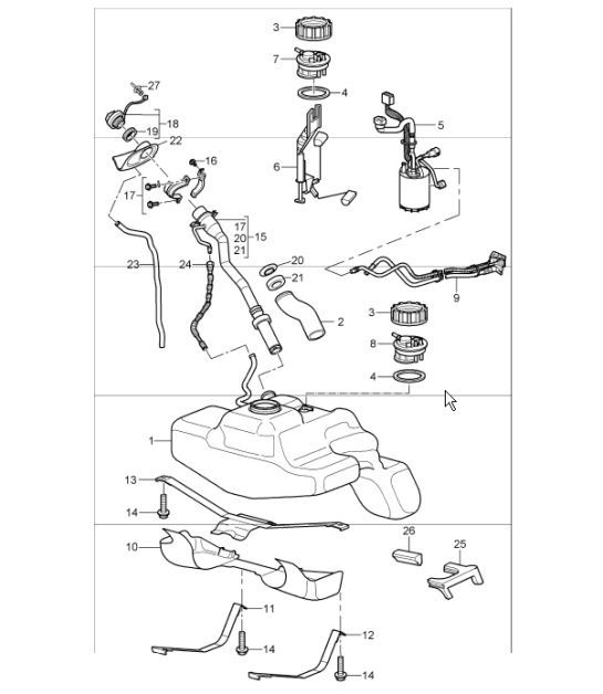 Diagram 201-00 Porsche 997 (911) MK1 2005-2008 Fuel System, Exhaust System