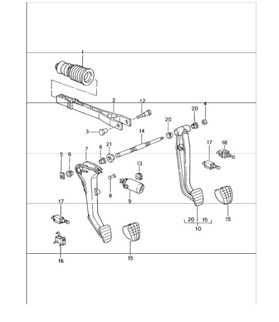 Diagram 702-00 Porsche 996 (911) (1997-2005) Hendelsysteem, pedaalcluster 